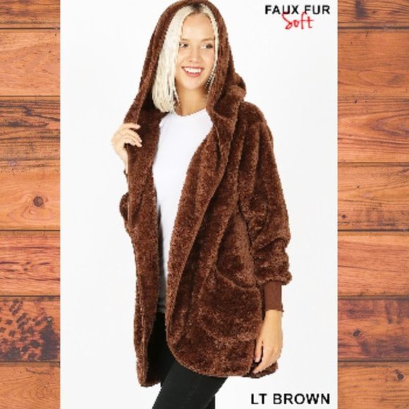 Zenaba Hooded Faux Fur Cocoon Jacket with Pockets - Picture 1 of 7